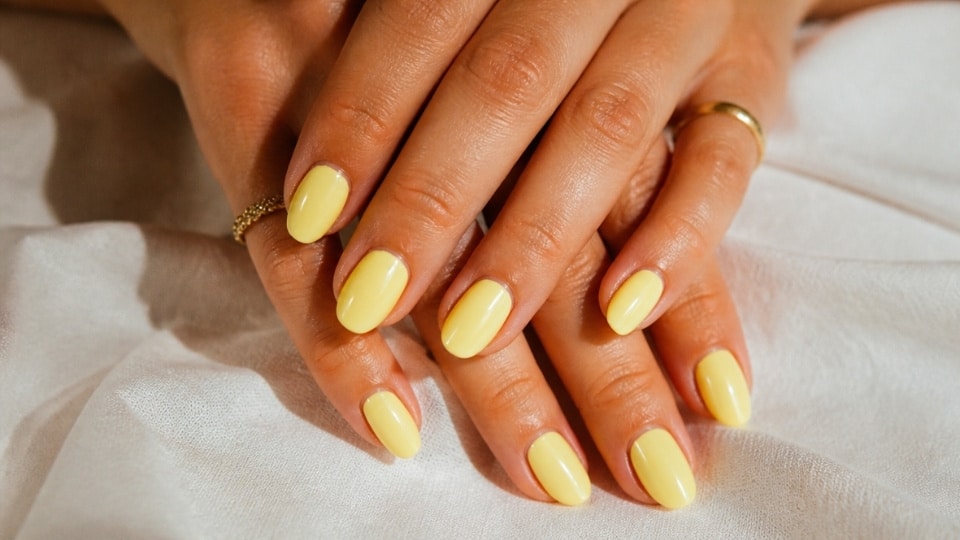 hands showing creamy butter yellow nails with a soft glossy finish
