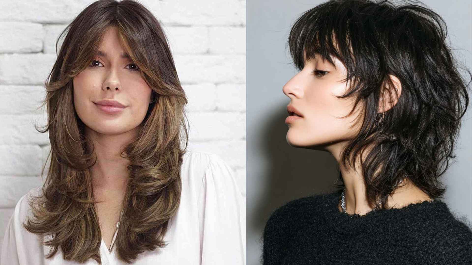 Two women comparing butterfly cut and wolf cut hairstyles with soft layered volume and textured edgy hair finishes in salon setting