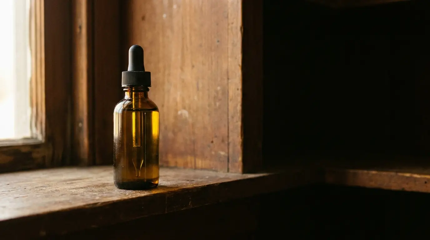 Amber glass dropper bottle on rustic wooden shelf in natural light