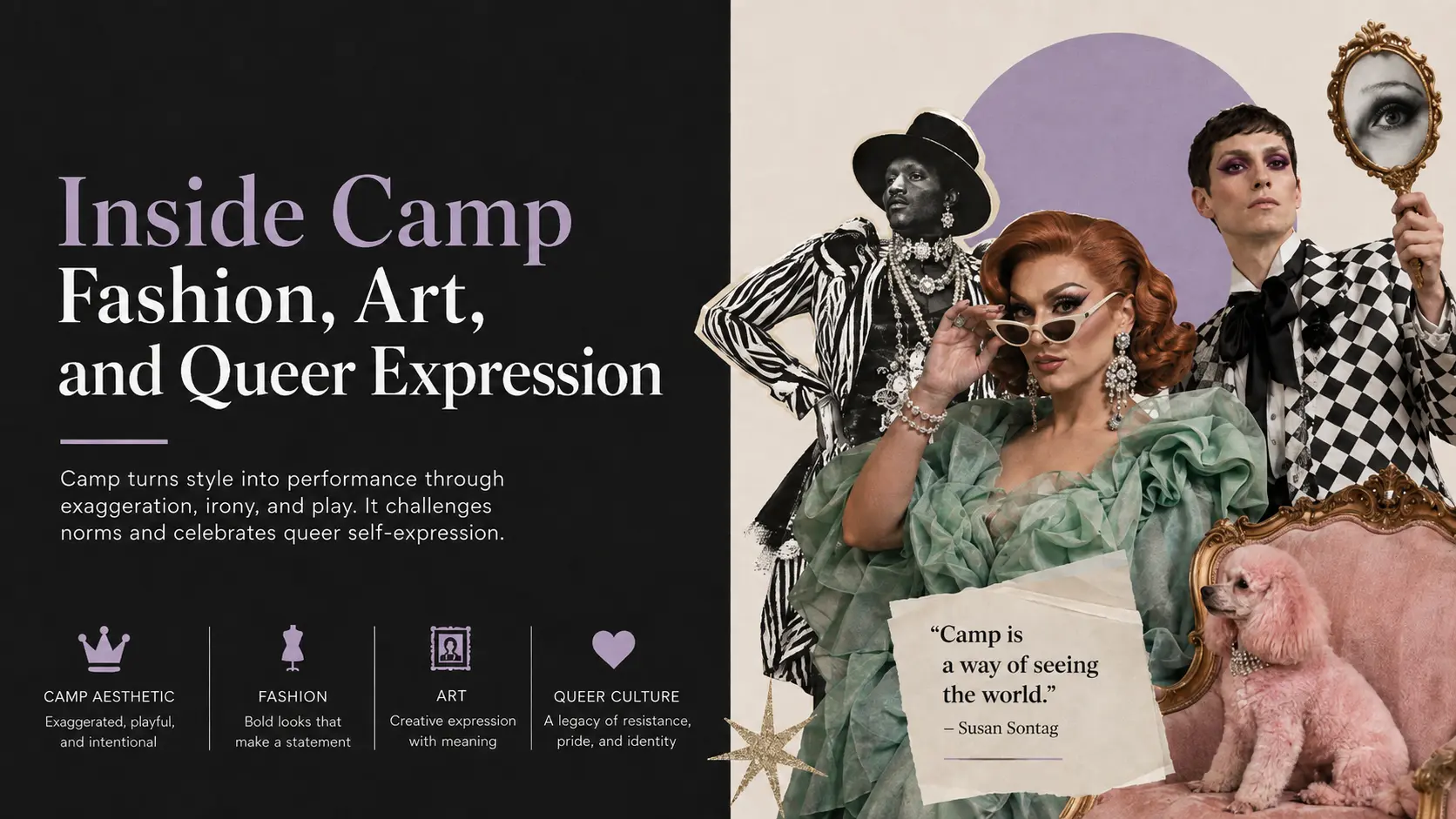 Editorial collage on camp fashion art and queer expression with theatrical styling bold makeup vintage details and playful imagery