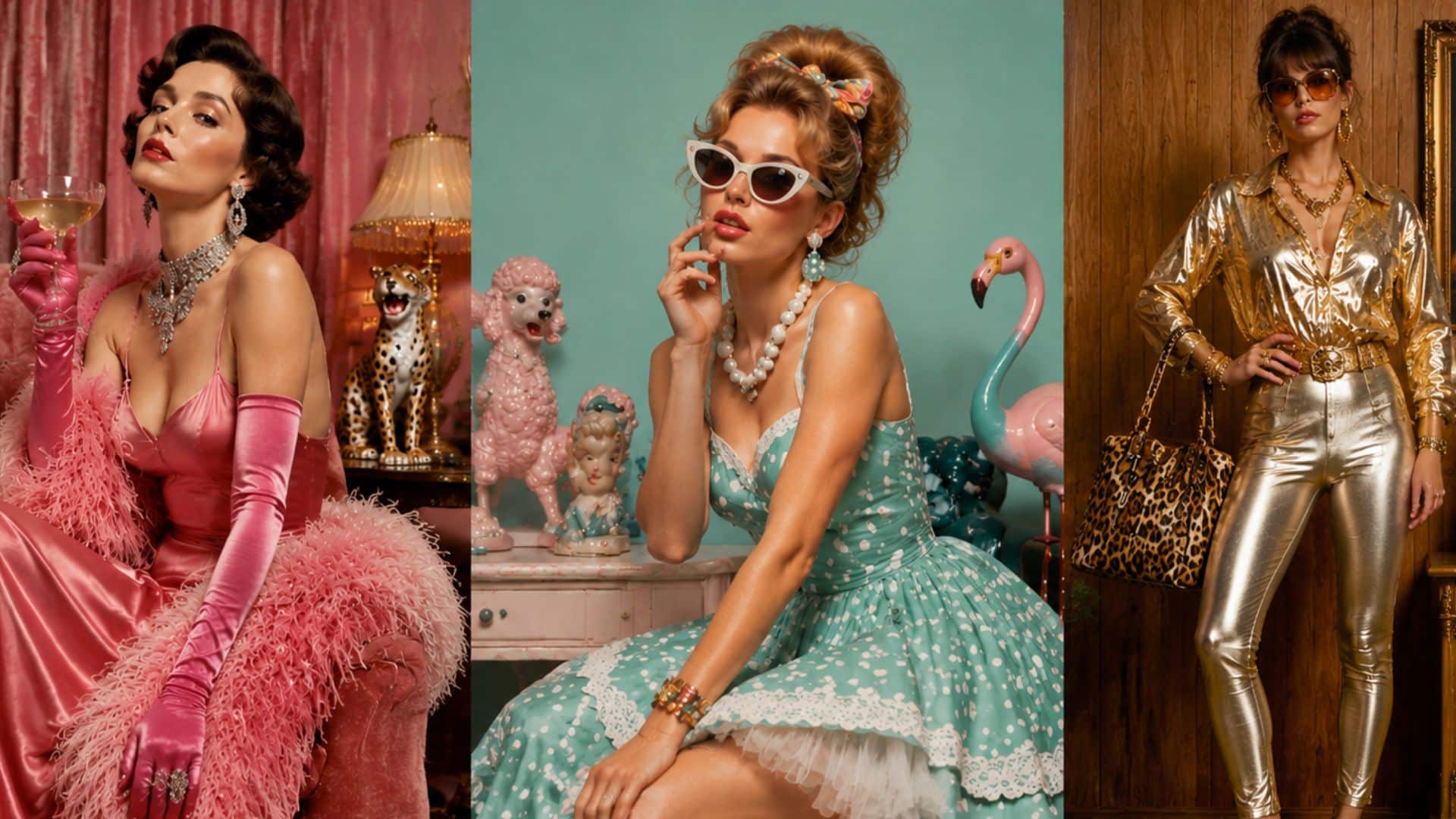 Three fashion styles showing camp glamour, playful kitsch details, and exaggerated tacky outfits in colorful vintage inspired settings