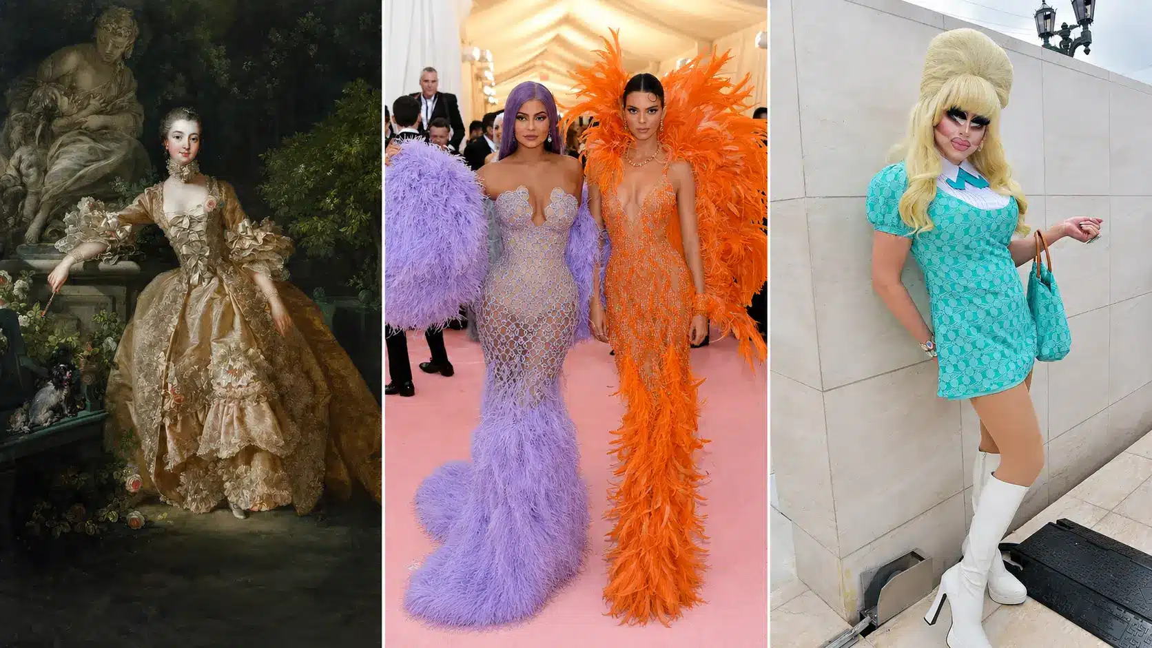Three panel fashion collage with a Rococo portrait, Kylie and Kendall Jenner in gala gowns, and turquoise mod style