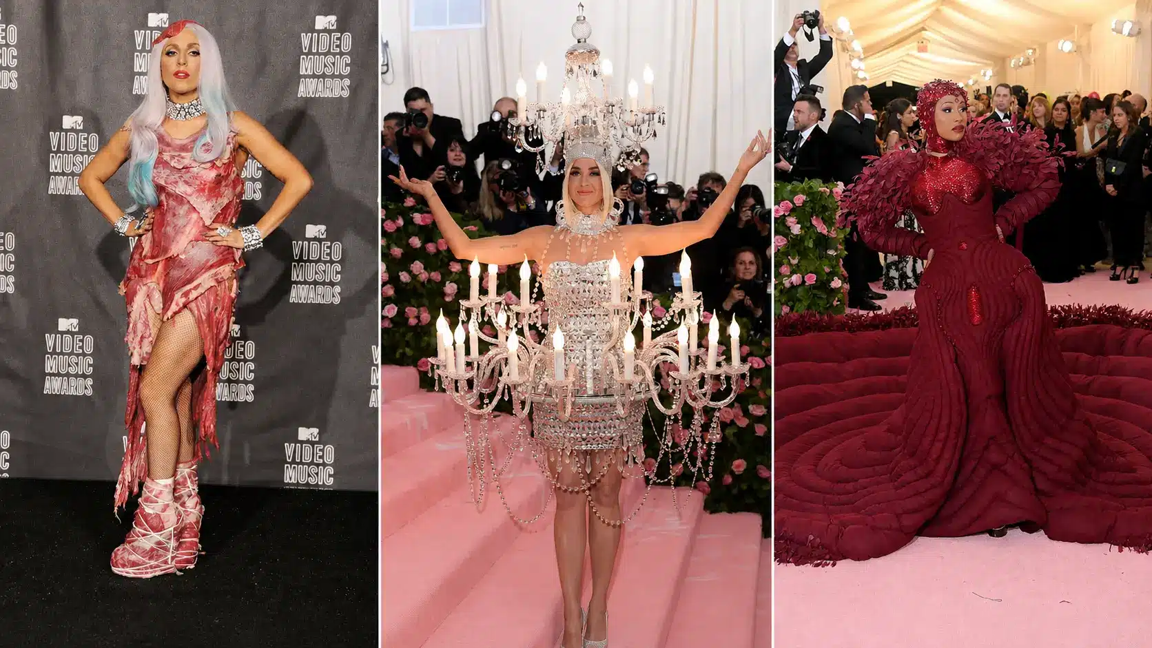 Three panel collage of Lady Gaga, Katy Perry, and Cardi B in dramatic red carpet looks at music and fashion events
