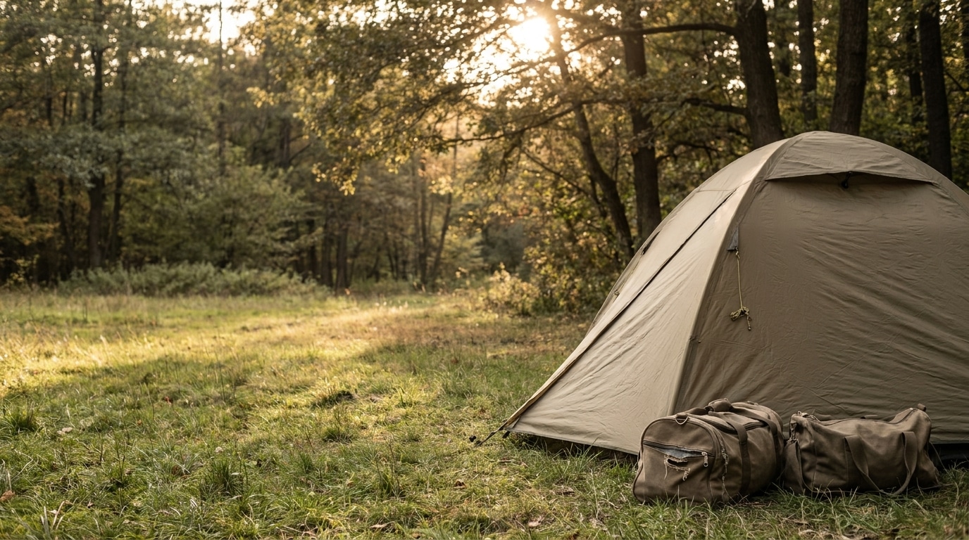 Camping tent and gear in sunlit forest clearing with tall trees