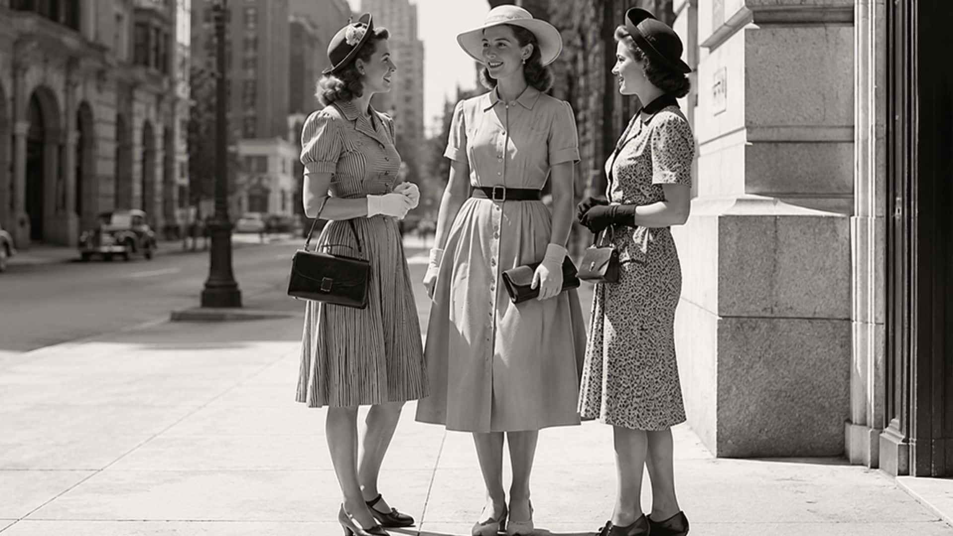 Three women in casual 1940s dresses and hats chat on a sunlit city sidewalk beside vintage cars and stone buildings