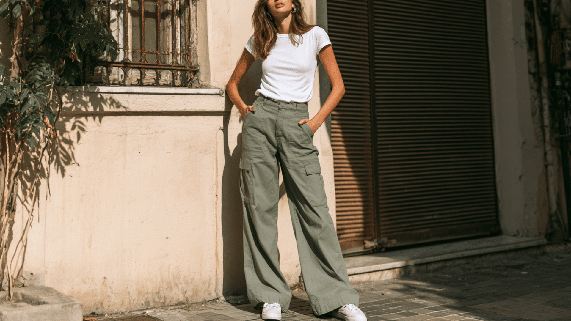 Woman wearing olive green cargo pants with fitted white t shirt and sneakers in a relaxed street setting with casual fashion style
