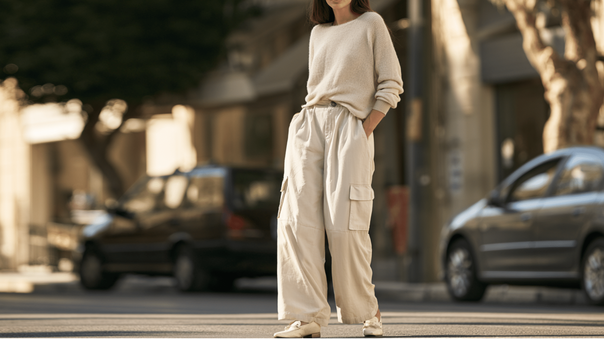 Woman wearing beige cargo pants with knit sweater and loafers creating a polished smart casual outfit in a city cafe setting
