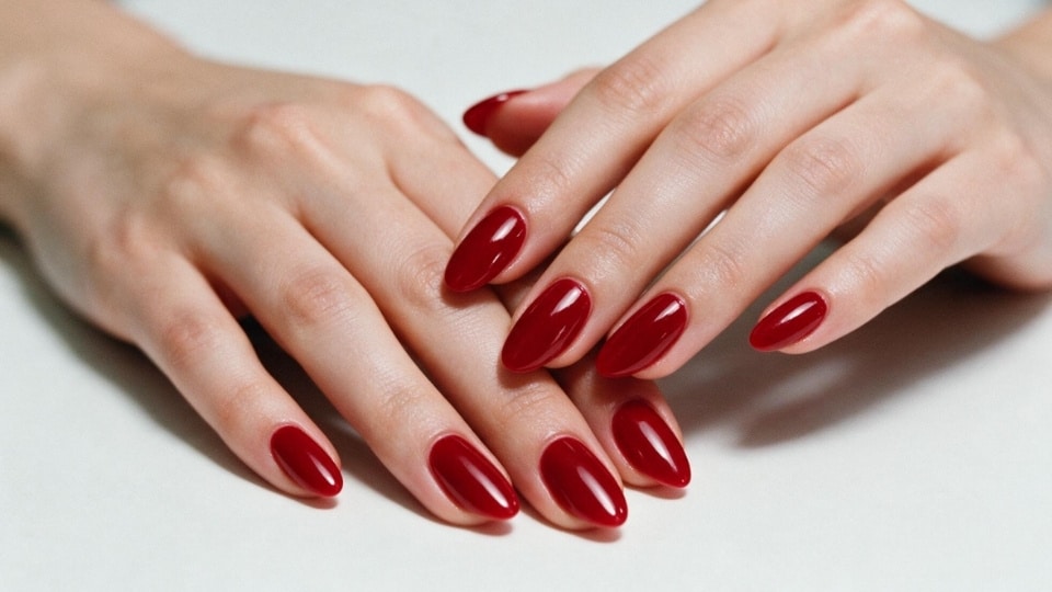 hands featuring cherry red nails with a bright glossy finish and classic winter color