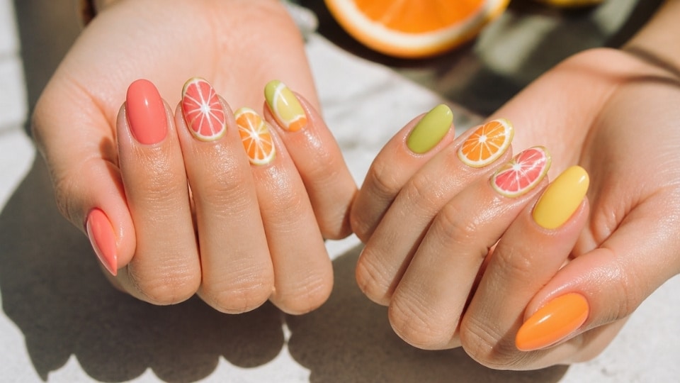 Citrus mix nails combining orange yellow lime and grapefruit shades with fresh colorful summer inspired details