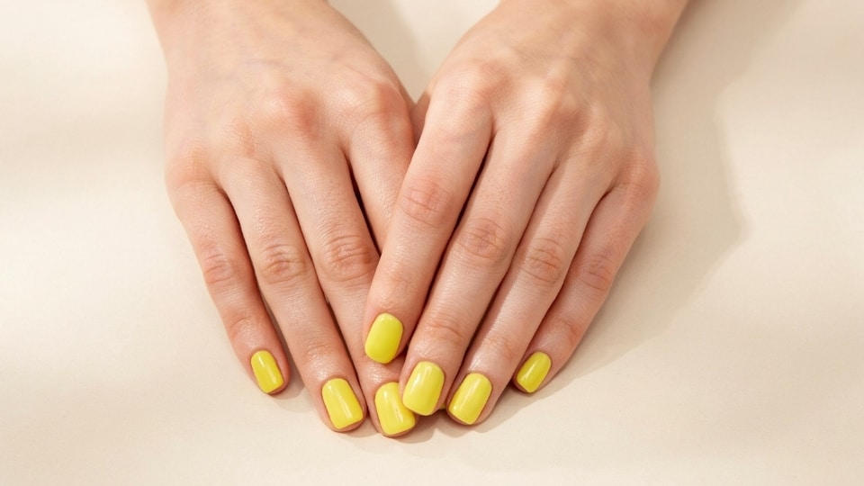 Neon yellow glossy nails with a bright glass finish and luxury manicure details on feminine hands