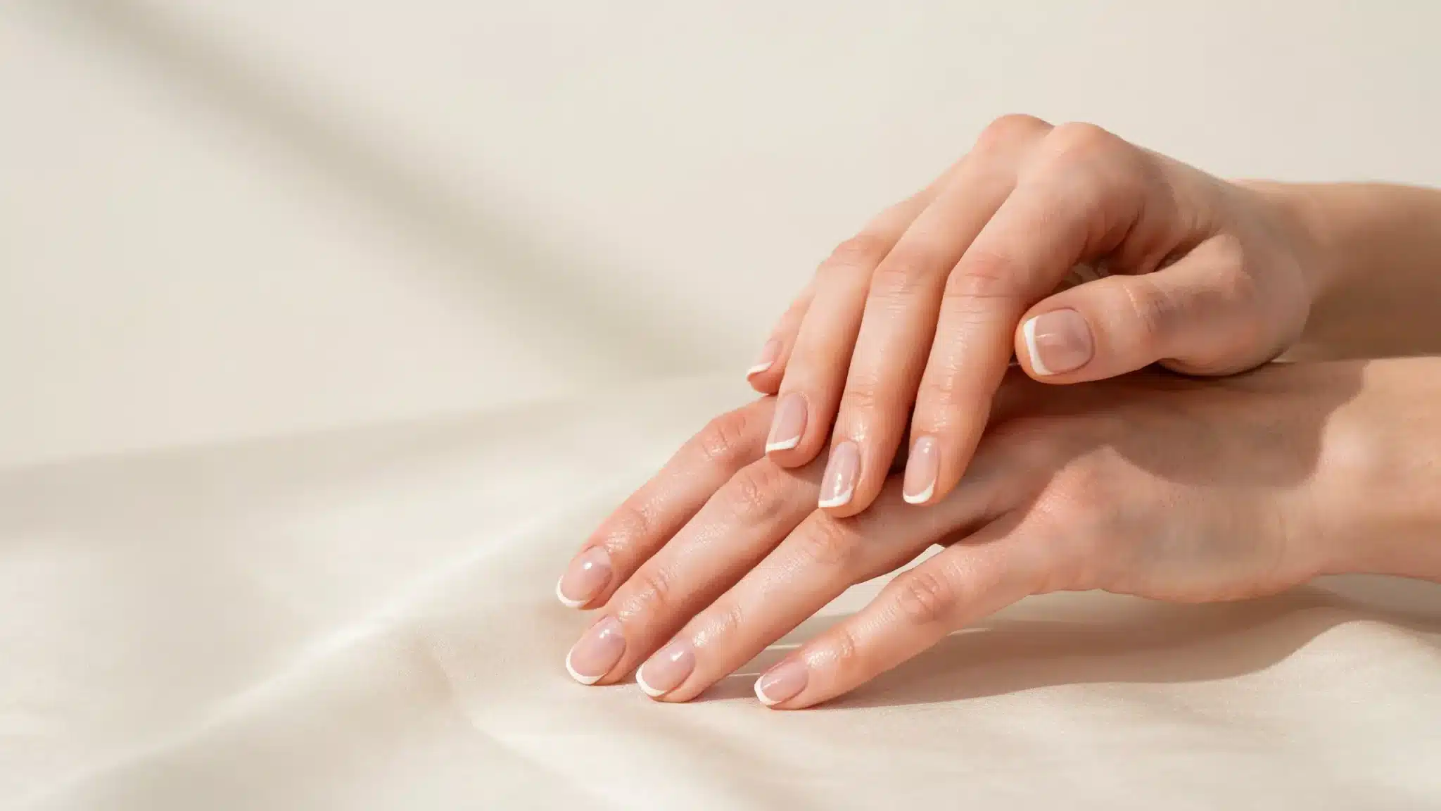 Two hands with neat French tip nails resting on soft white fabric under gentle sunlight with a clean minimal nail finish