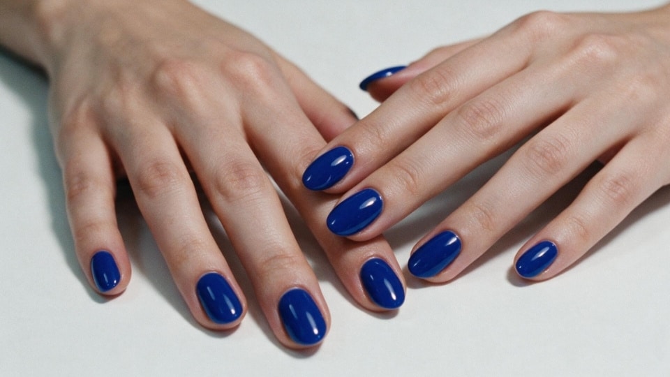 Close up hands showing cobalt blue nails with a rich glossy finish