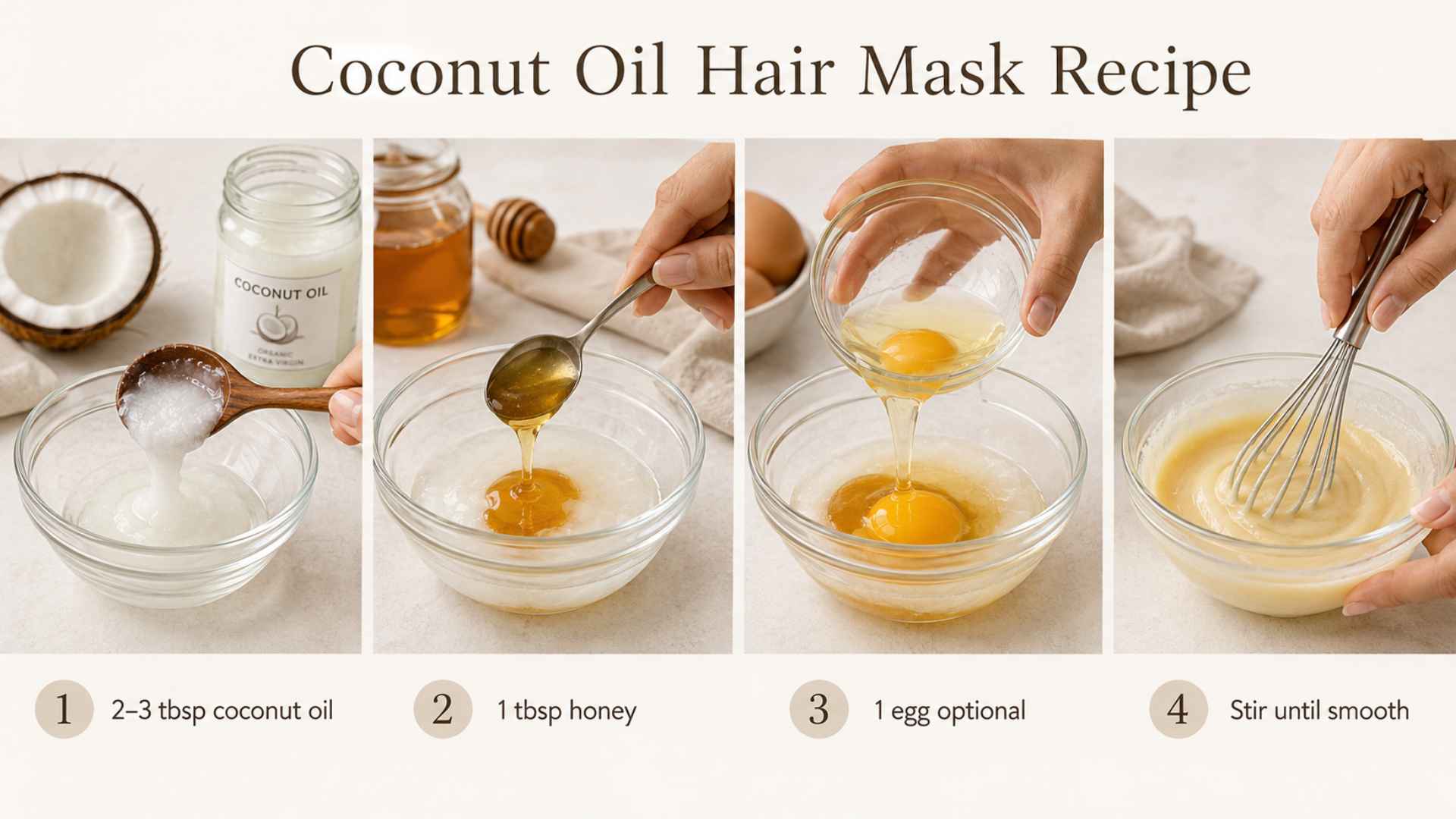Four step coconut oil hair mask recipe showing oil, honey, eggs, and whisking in glass bowls with hands on neutral backdrop