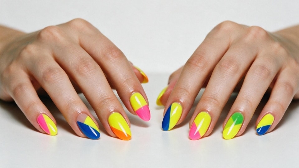 Neon yellow color block nails with bright geometric sections and modern nail art