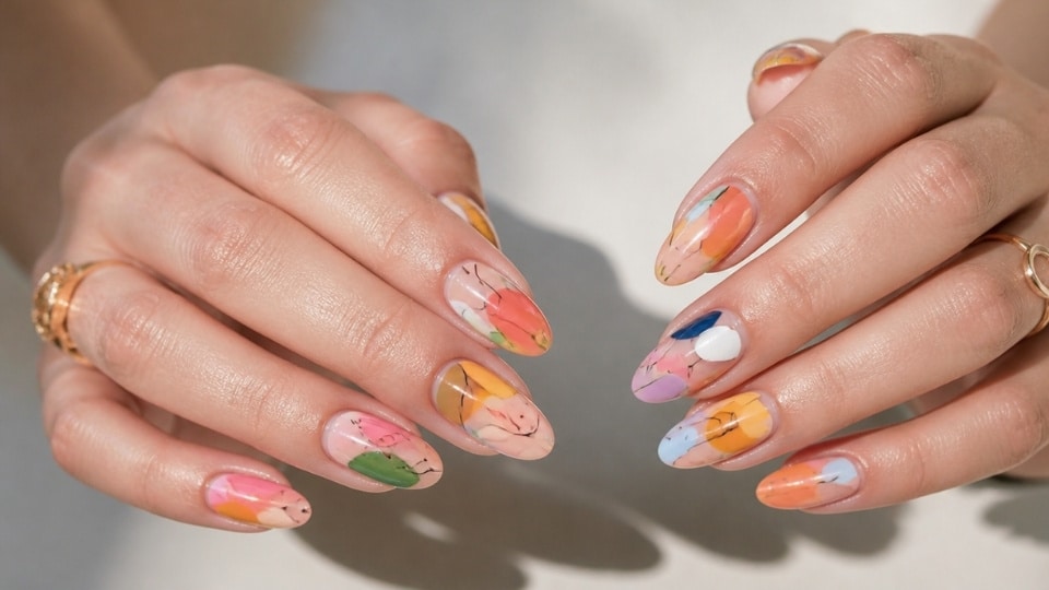 Colorful abstract blob nails with artistic bright shapes and layered patterns on glossy almond nails