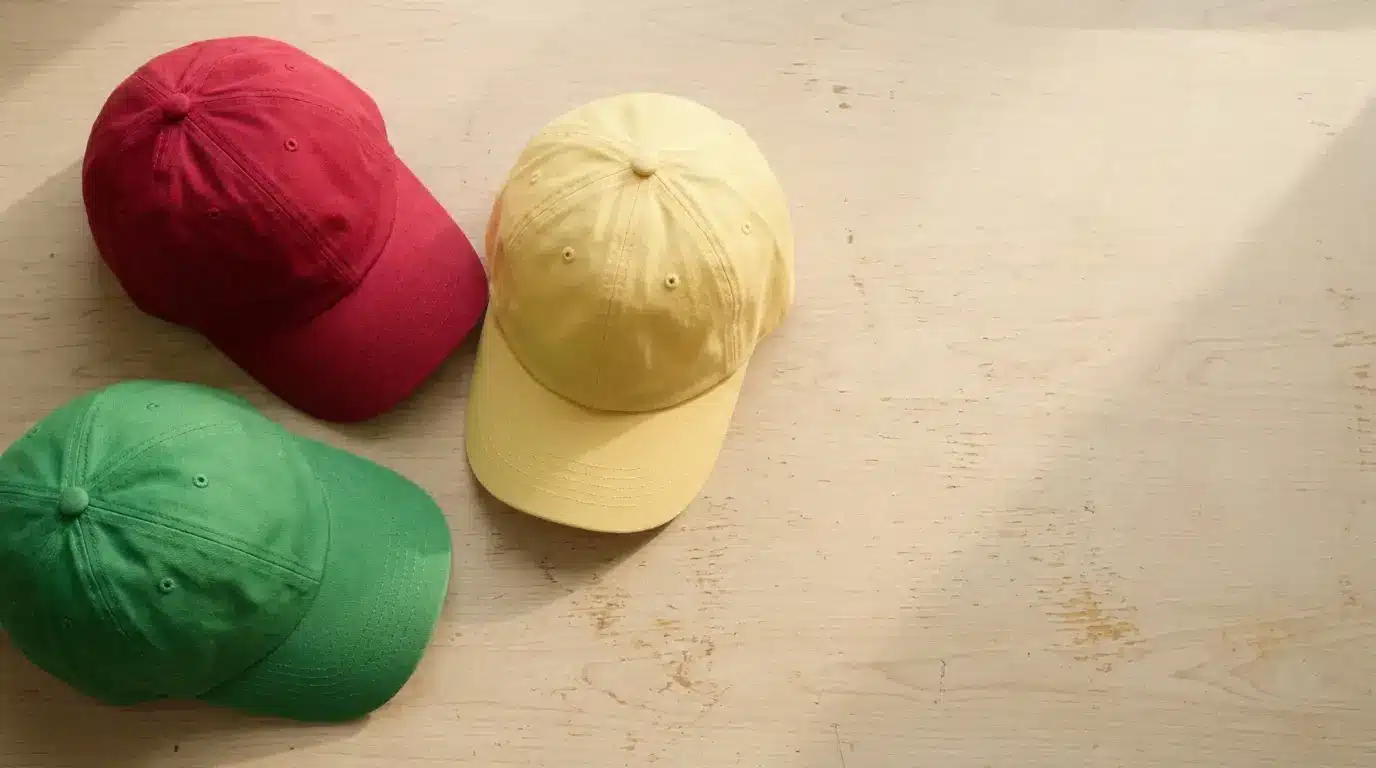 Red, yellow, and green baseball caps arranged on a light wooden surface