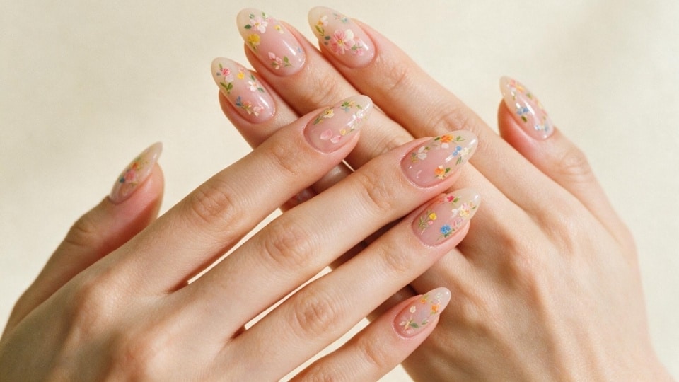 Colorful flower garden nails with tiny hand painted flowers in bright shades over a soft glossy base