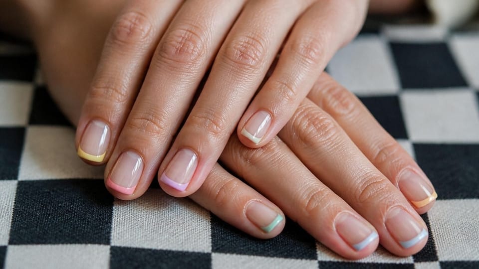 Colorful micro French tip nails with thin neon lines over a sheer nude base for a modern manicure