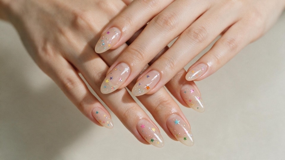Colorful star nails featuring tiny bright stars in multiple shades across a clean glossy manicure design
