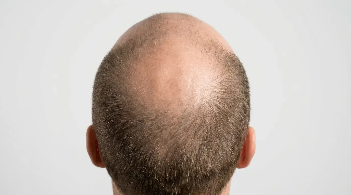 Overhead view of the back of a head showing one large connected bald area where the temples and crown have merged, with hair remaining on the sides and back