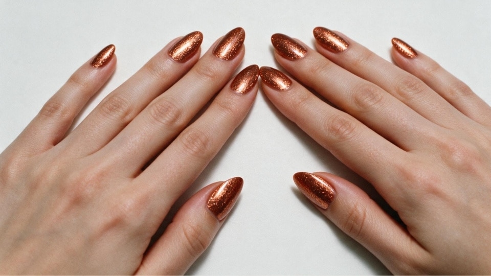 Hands featuring copper shimmer nails with metallic reflections