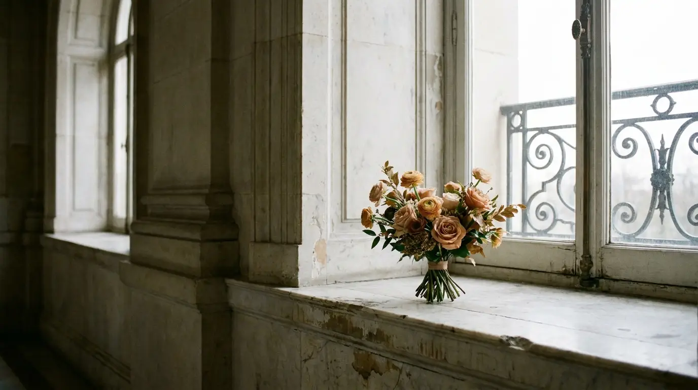 Bouquet of peach roses on marble windowsill in historic building with wrought iron railing