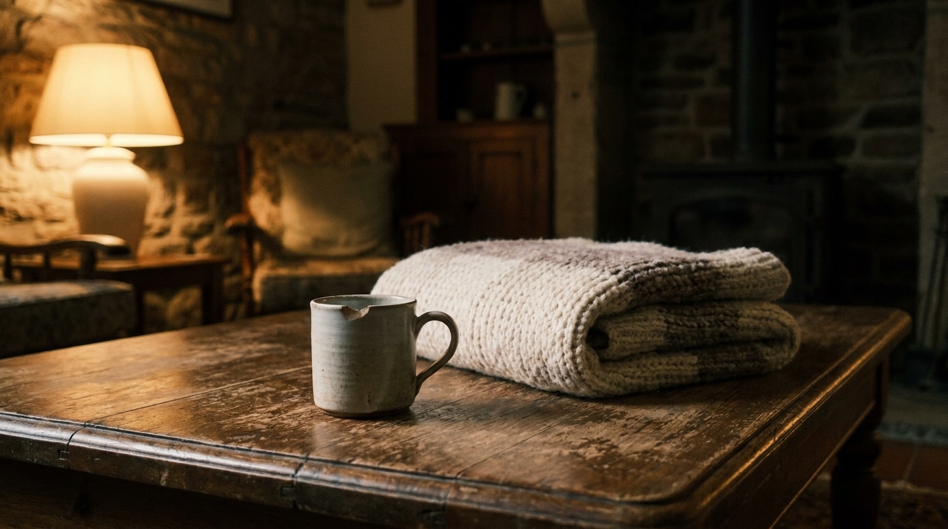 Cozy living room with folded blanket on wooden table and ceramic mug in warm lighting