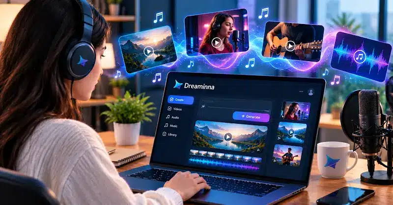 Woman using music creation software on laptop in home studio with headphones and microphone nearby