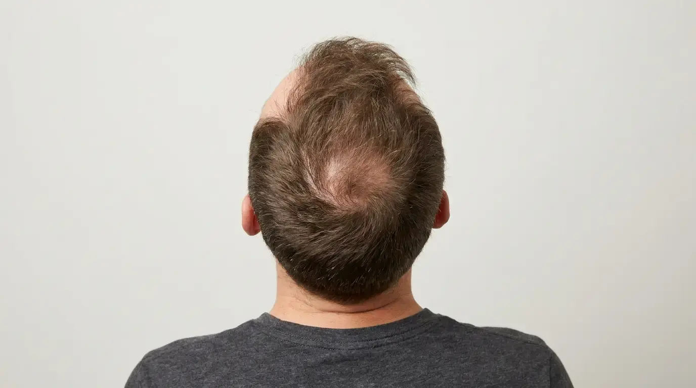Back of a head showing receded temples along with a separate thinning patch at the crown, still divided by a band of hair