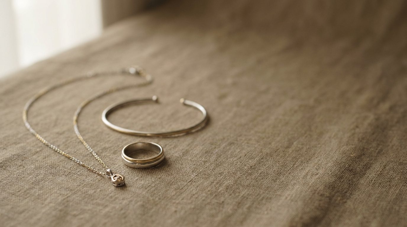Silver necklace, bracelet, and ring on beige fabric under soft natural light