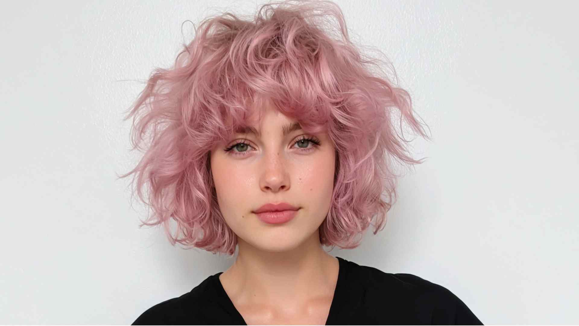 Curly grunge hairstyle with layered natural curls and wispy bangs