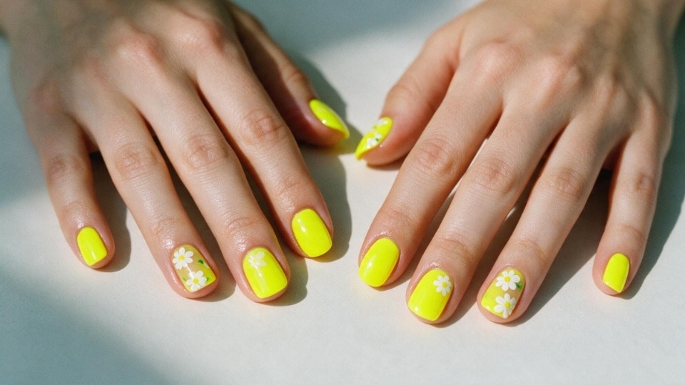 Neon yellow daisy nails with white floral accents and fresh summer manicure details