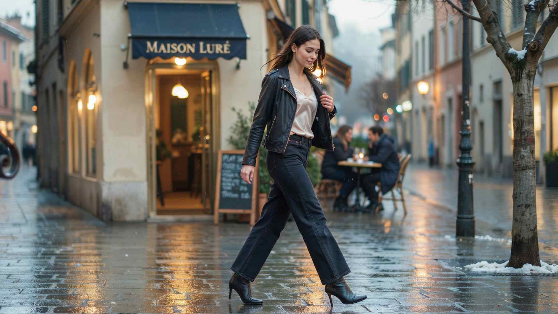 Young woman in wide leg jeans with a fitted top, leather jacket, and heeled boots for date night