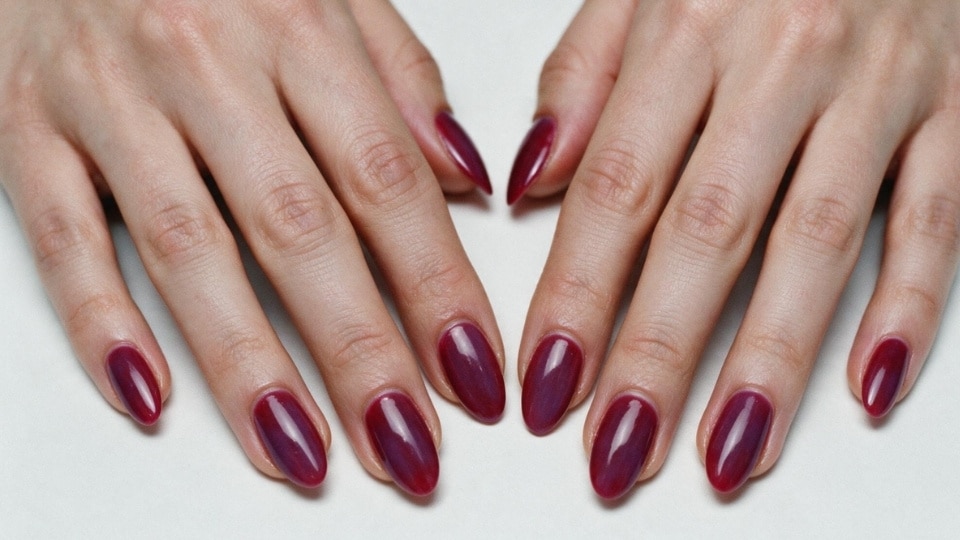 Feminine hands displaying deep berry nails with rich red purple tones and glossy winter finish