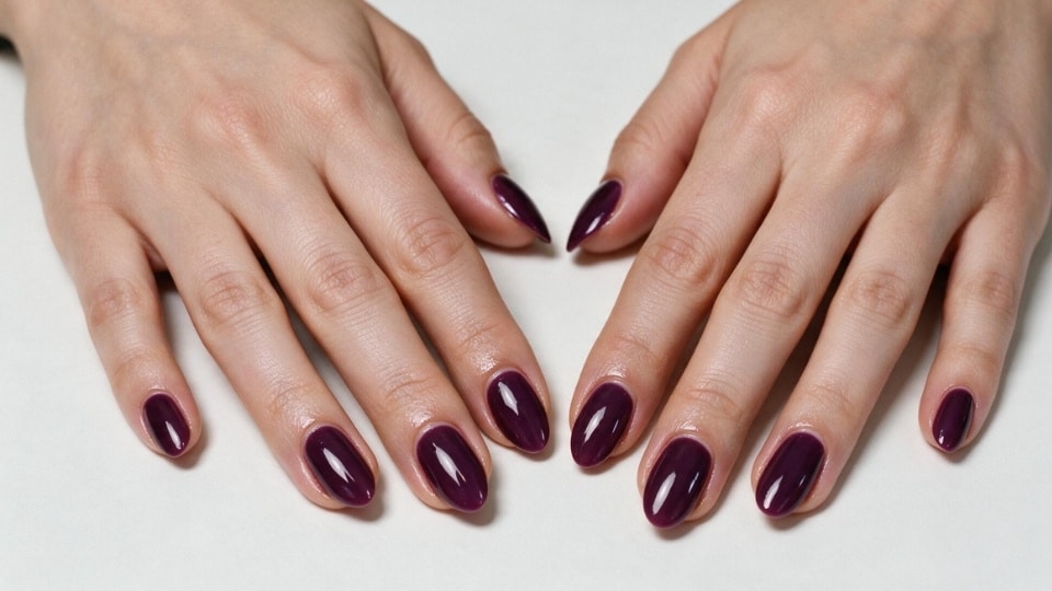 hands with deep plum nails featuring rich purple tones and a glossy autumn manicure