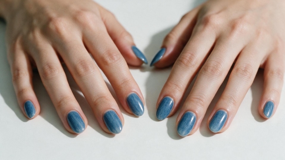 Feminine hands showing soft denim blue nails with a muted finish