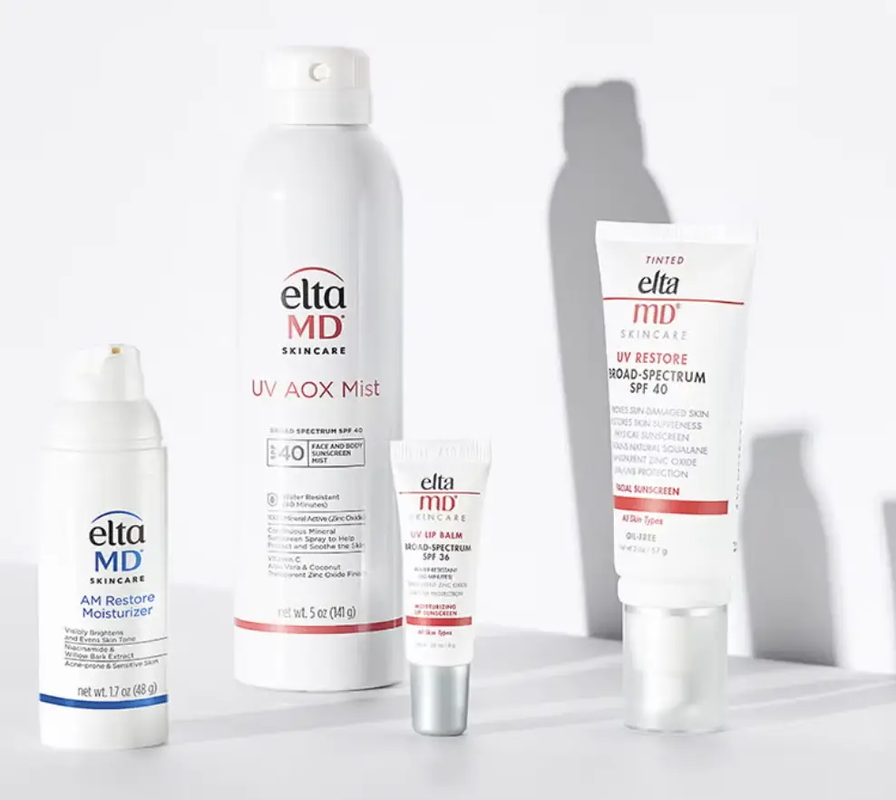 Elta MD skincare product range including moisturizer and sunscreen on a white surface
