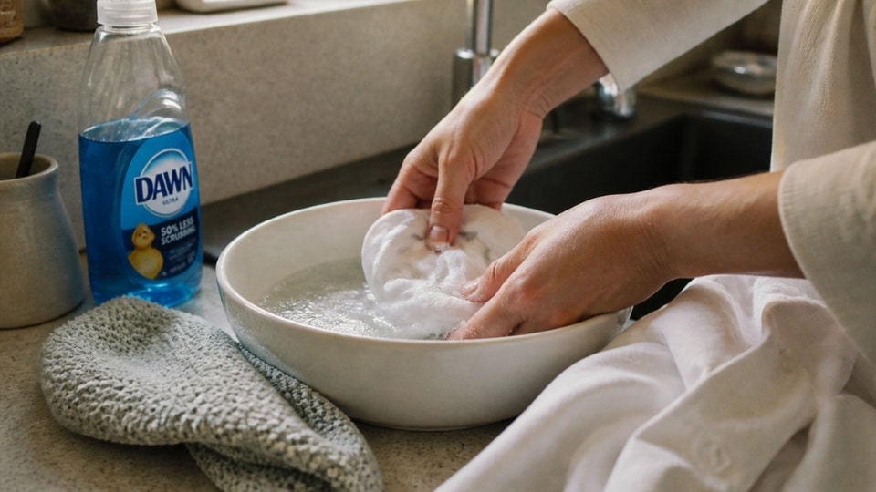 White shirt soaking in warm soapy water to remove a fresh nail glue stain during a simple cleaning process