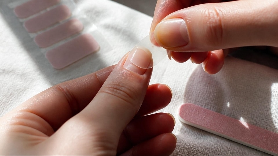 Curved double sided nail stickers used to attach press on nails with a clean glue free manicure technique