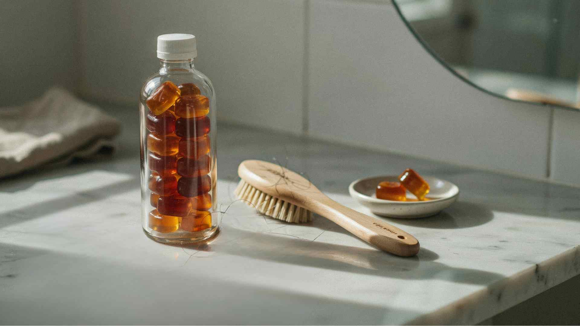 WEEM Hair Gummies effectiveness review with supplement bottle, hair care items, and research notes showing results evaluation