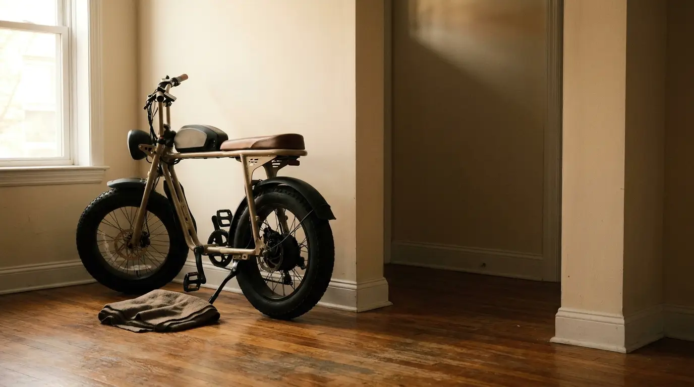 Electric bicycle parked indoors on wooden floor next to beige wall and window