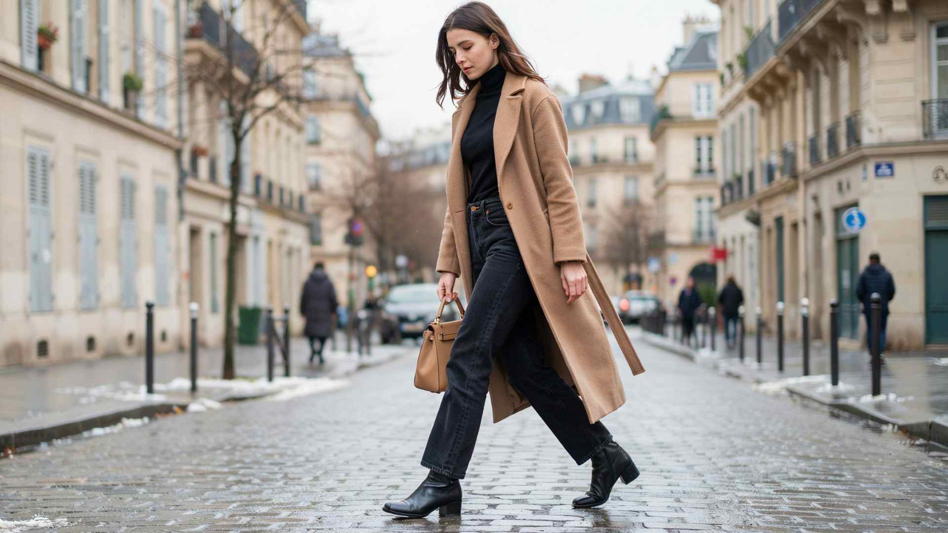 Young woman in dark wide leg jeans with a camel coat and boots