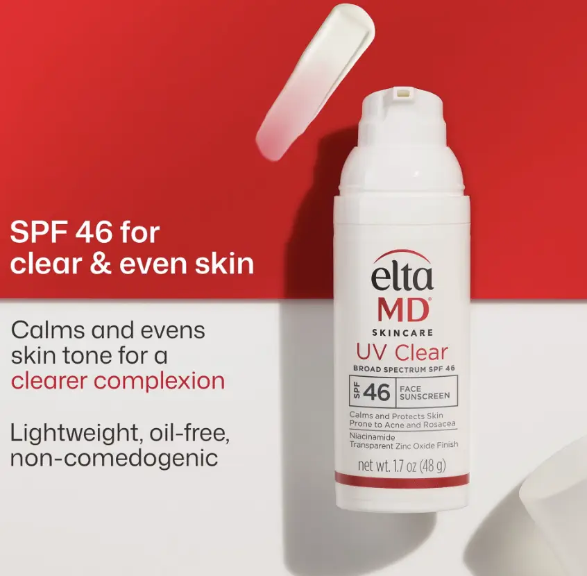Skincare sunscreen bottle with a red background and swatch of cream nearby