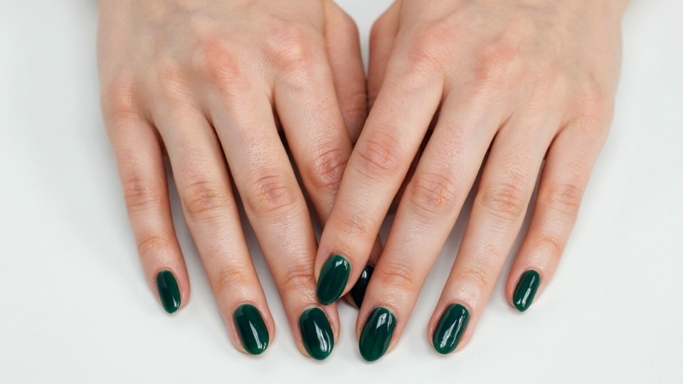 hands showing emerald green nails with a rich jewel toned glossy manicure style