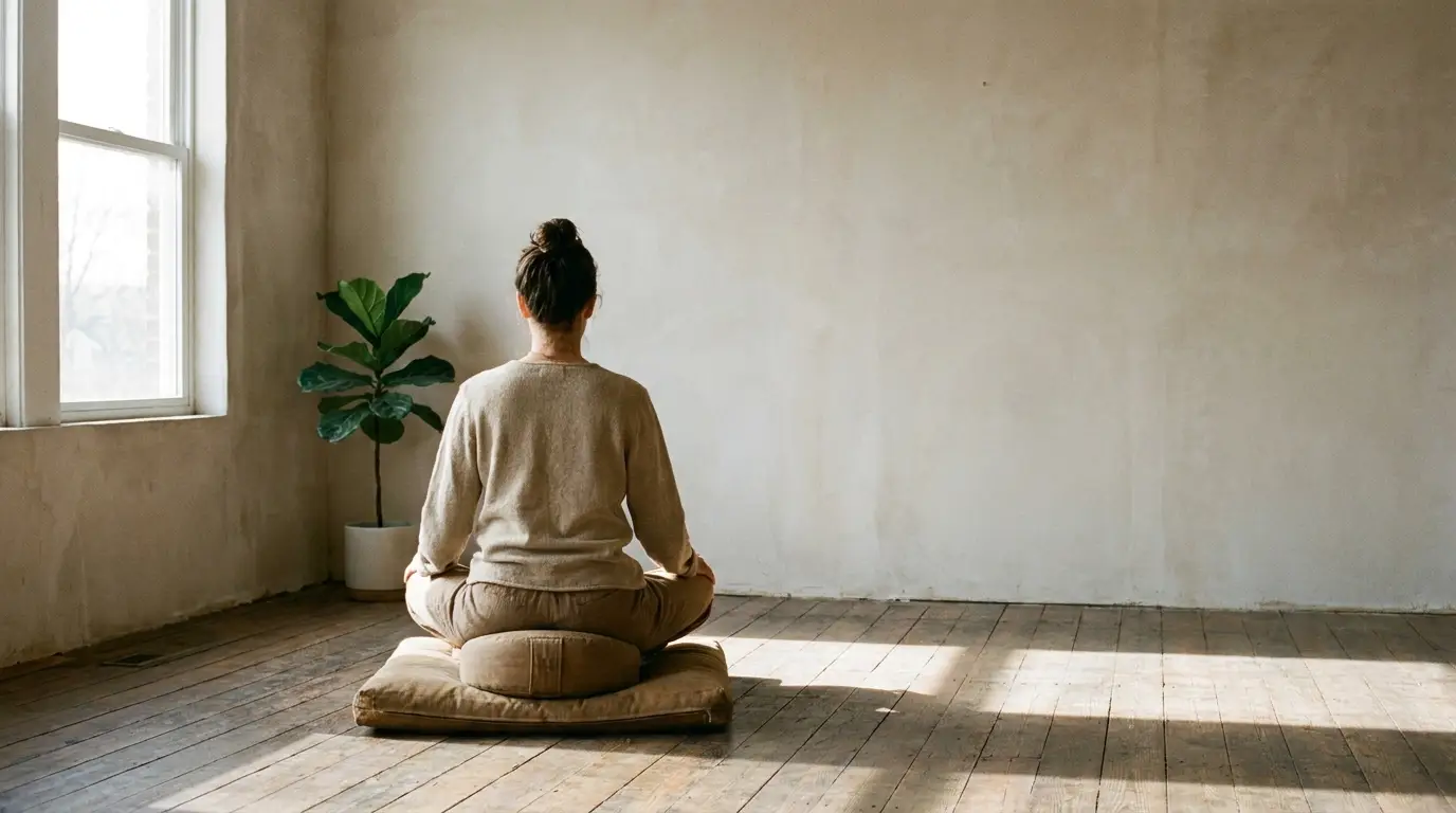 Person meditating on cushion in minimalist room with wooden floor and potted plant