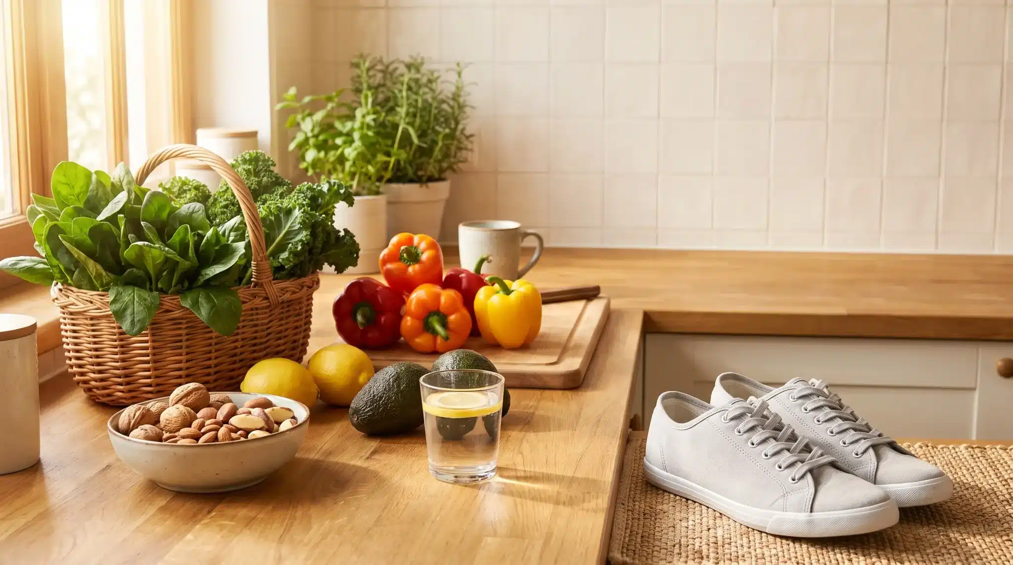 Basket of fresh greens and peppers on wooden kitchen counter with glass of lemon water