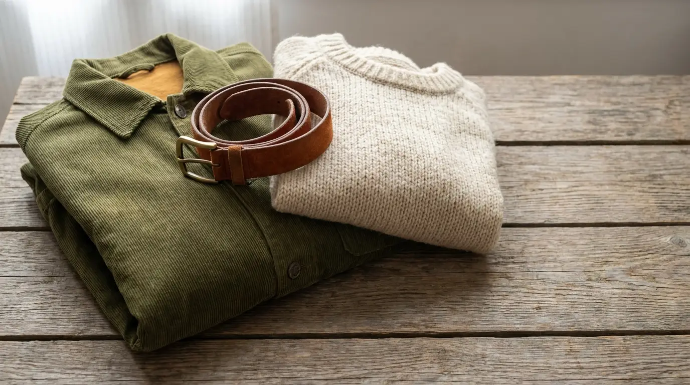 Folded green corduroy jacket, beige sweater, and brown leather belt on rustic wooden table