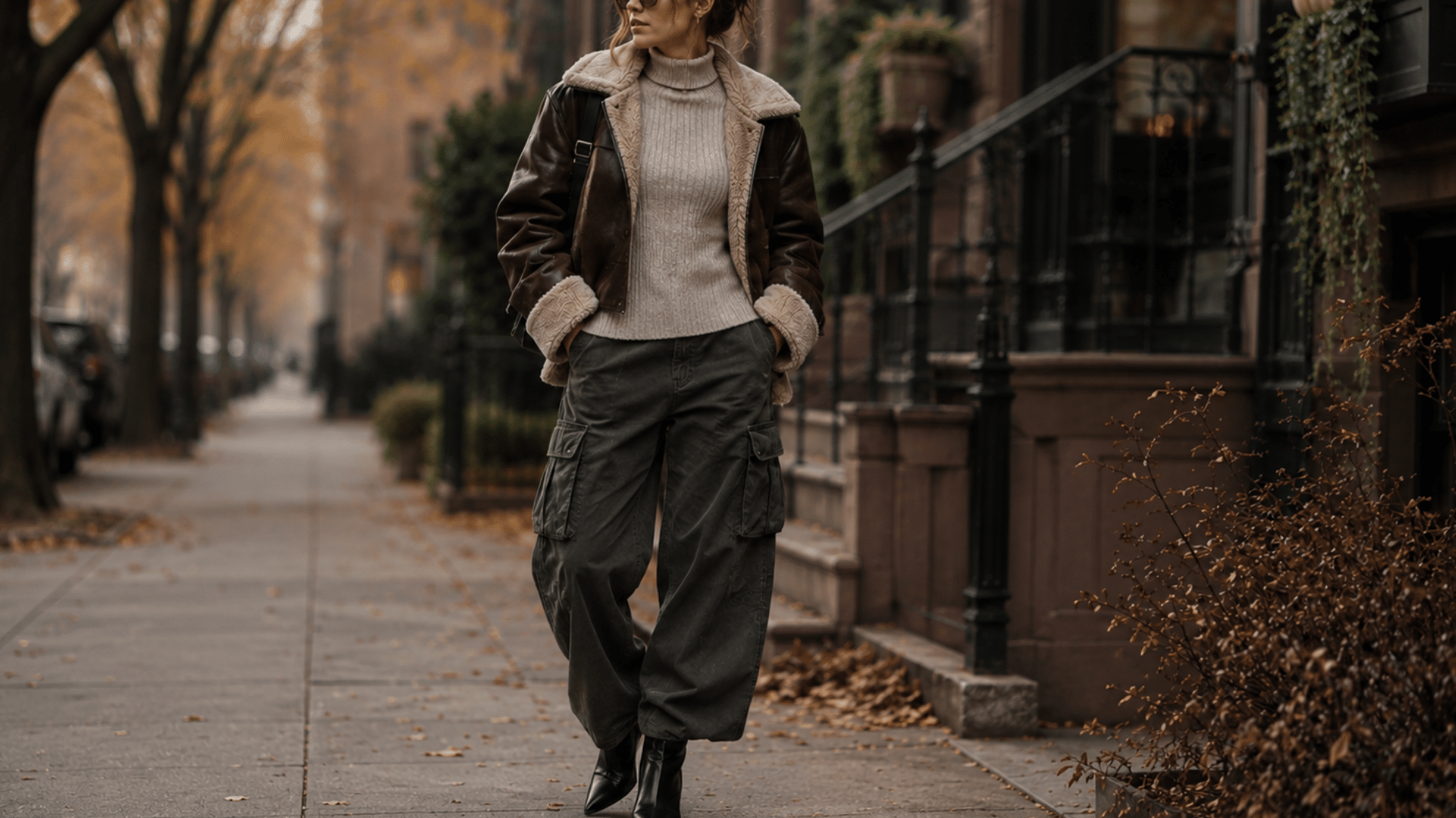 Woman wearing cargo pants with turtleneck, cropped jacket, and boots in a cozy autumn city setting
