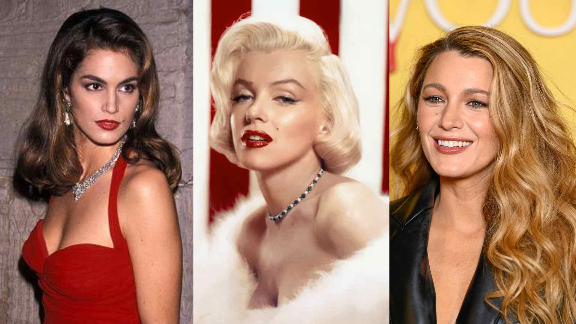 Collage of Cindy Crawford, Marilyn Monroe, and Blake Lively, each known for a visible facial beauty mark