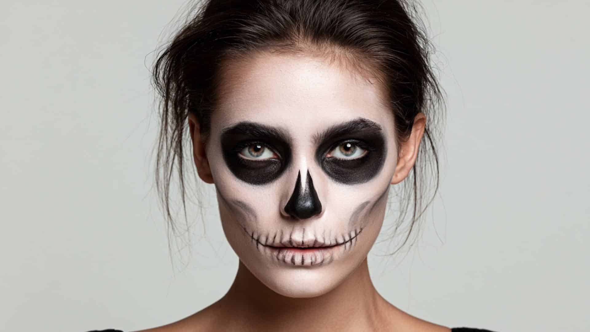 Young woman wearing simple white and black skeleton makeup.